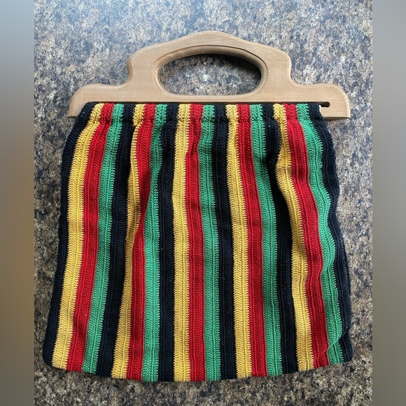 Vintage Reggae Multicolor Striped Knit Handbag Tote Hippie Wooden Handle Bag - Picture 2 of 7